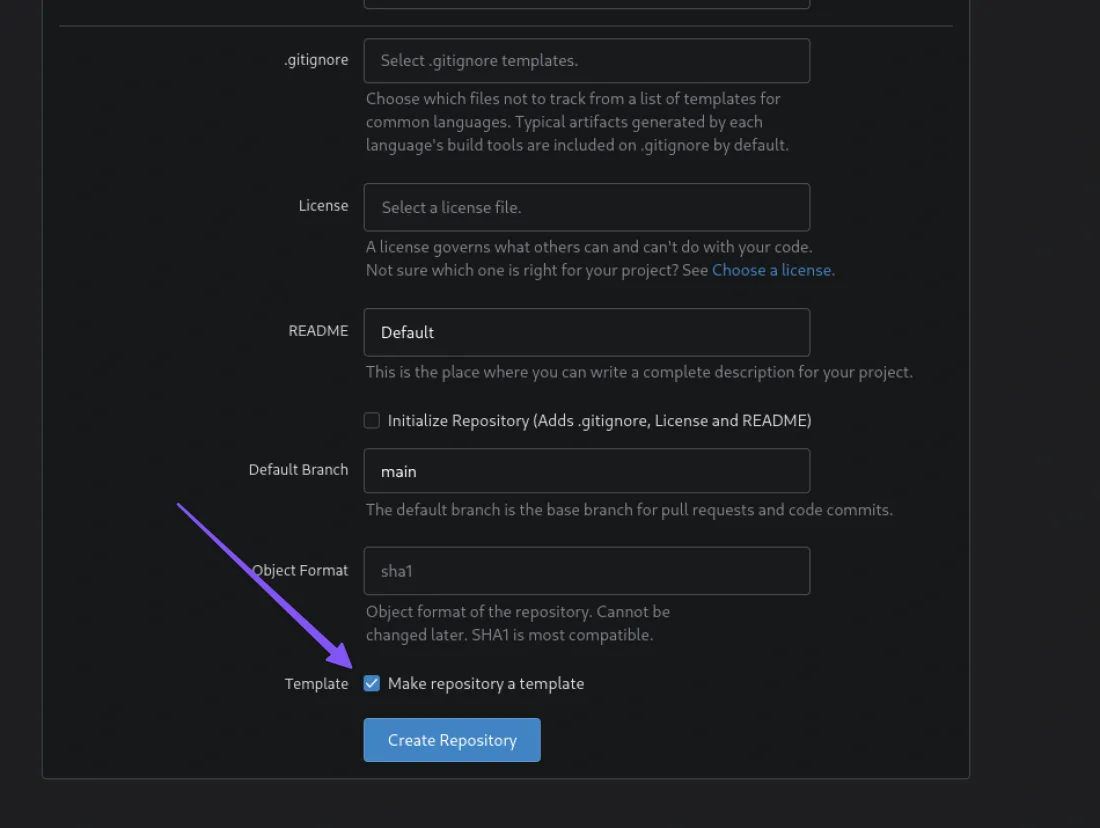 Creación del repositorio en Gitea con la casilla de template marcada