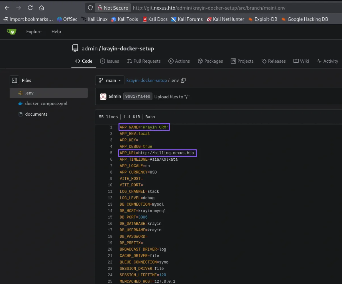 Repositorio krayin-docker-setup en el Gitea de git.nexus.htb